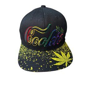 Cookie Snapback Hat With Yellow Splatter Brim & Embroidered Leaf Design Black